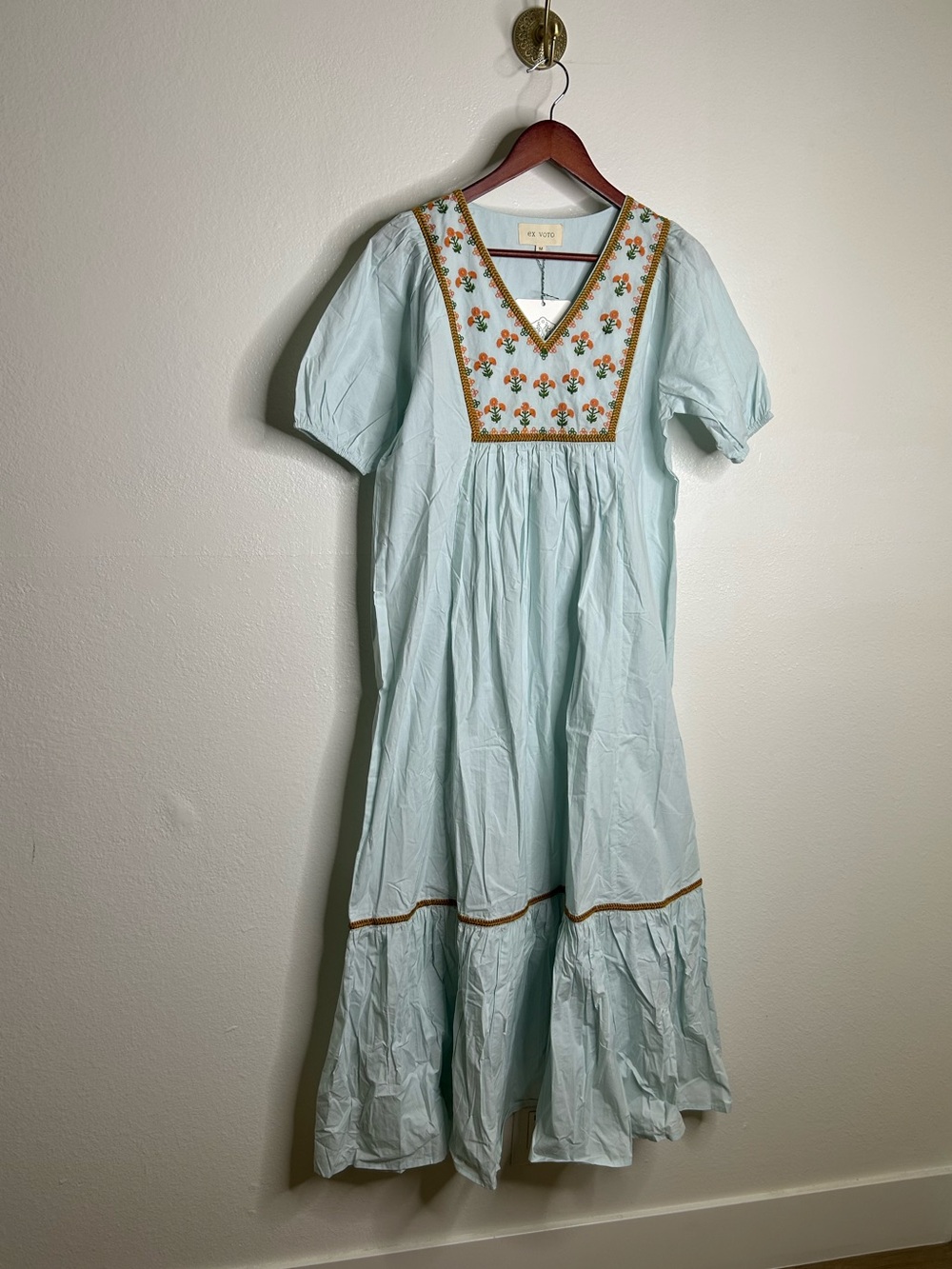 NWT Ex - Voto 100% Cotton Poplin Hayes Embroidered Floral Maxi Dress in Blue